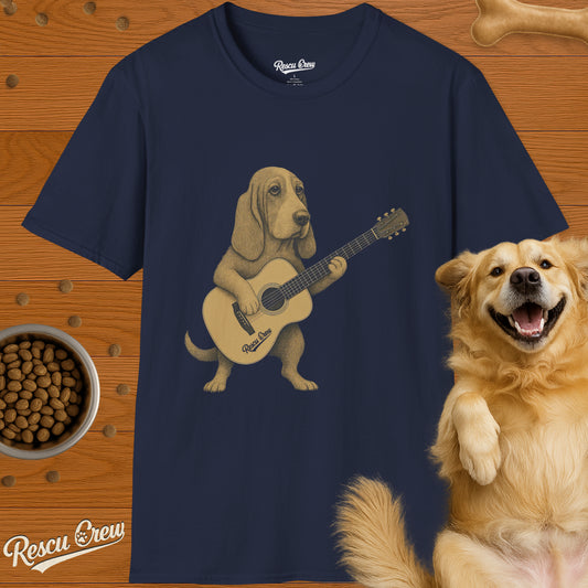 BASSET HOUND PLAYING GUITAR T-SHIRT